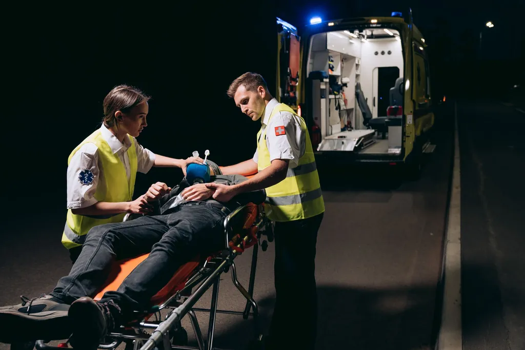 Two paramedics attending to a patient on a stretcher beside an ambulance at night