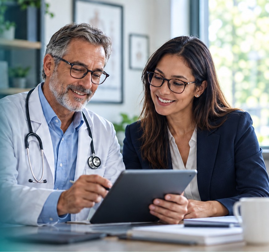 Smiling doctor in a white coat and a practice manager reviewing billing on a tablet together
