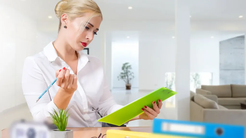 Woman reviewing a folder at her desk