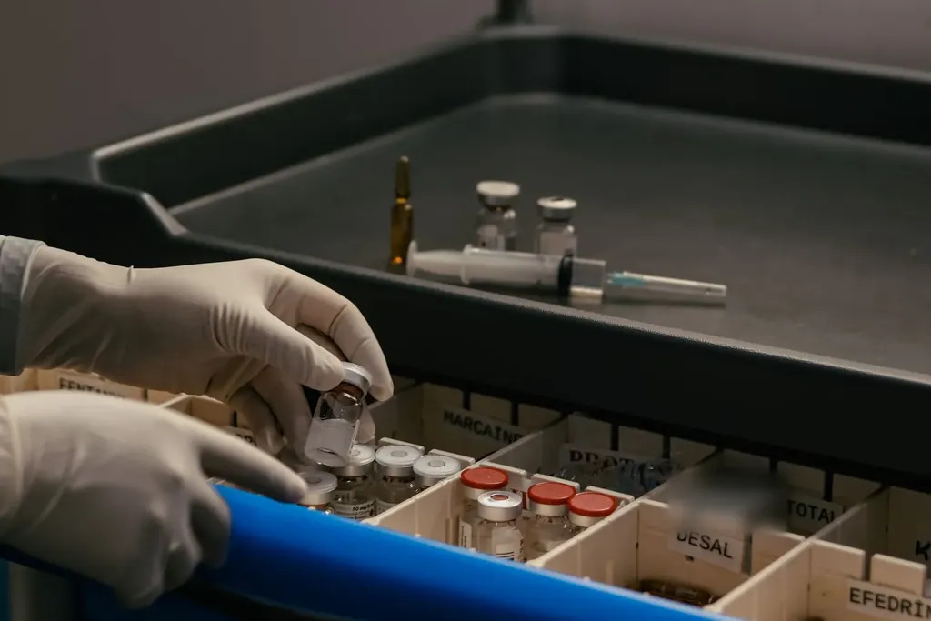 Gloved hands sorting medication vials