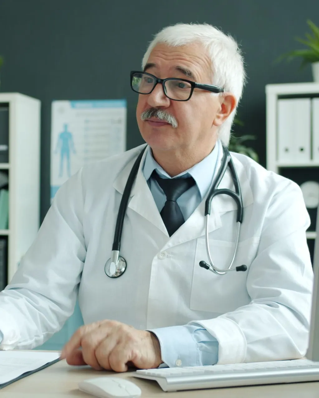 Physician in a white coat at his office desk