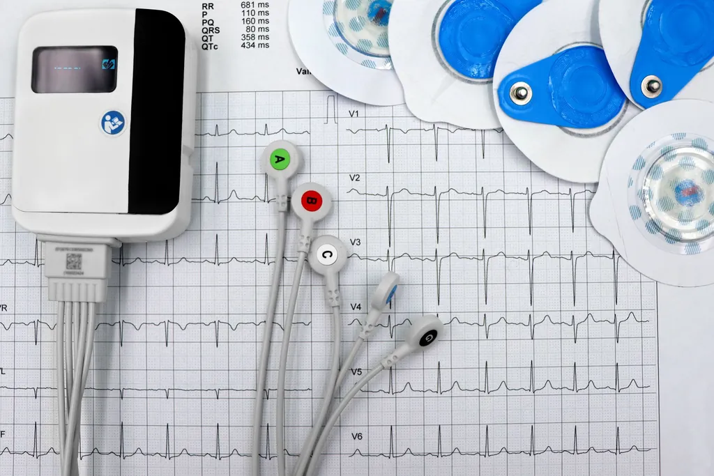 Cardiac monitor and electrodes on an ECG printout
