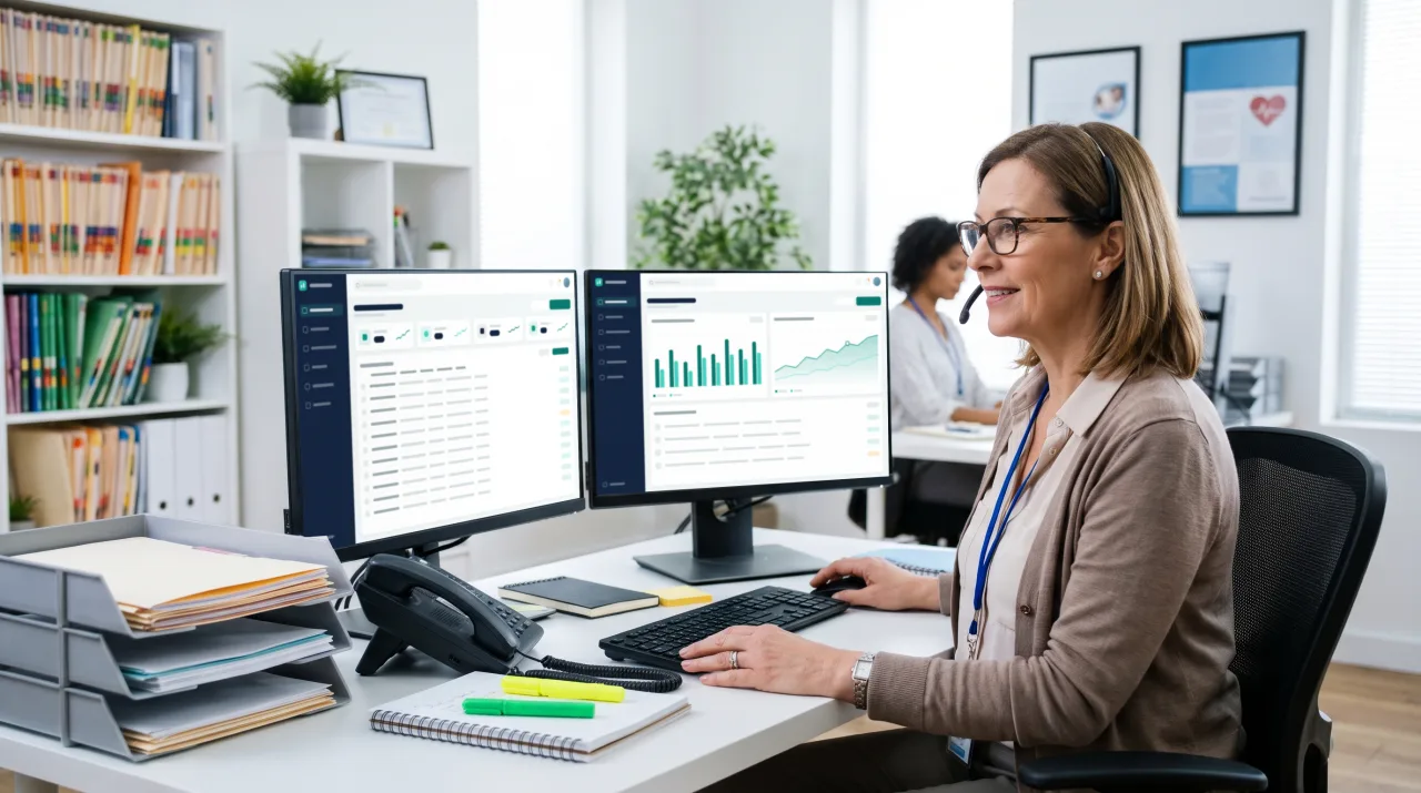Billing specialist with a headset working at two monitors in a medical office, with shelves of files behind her