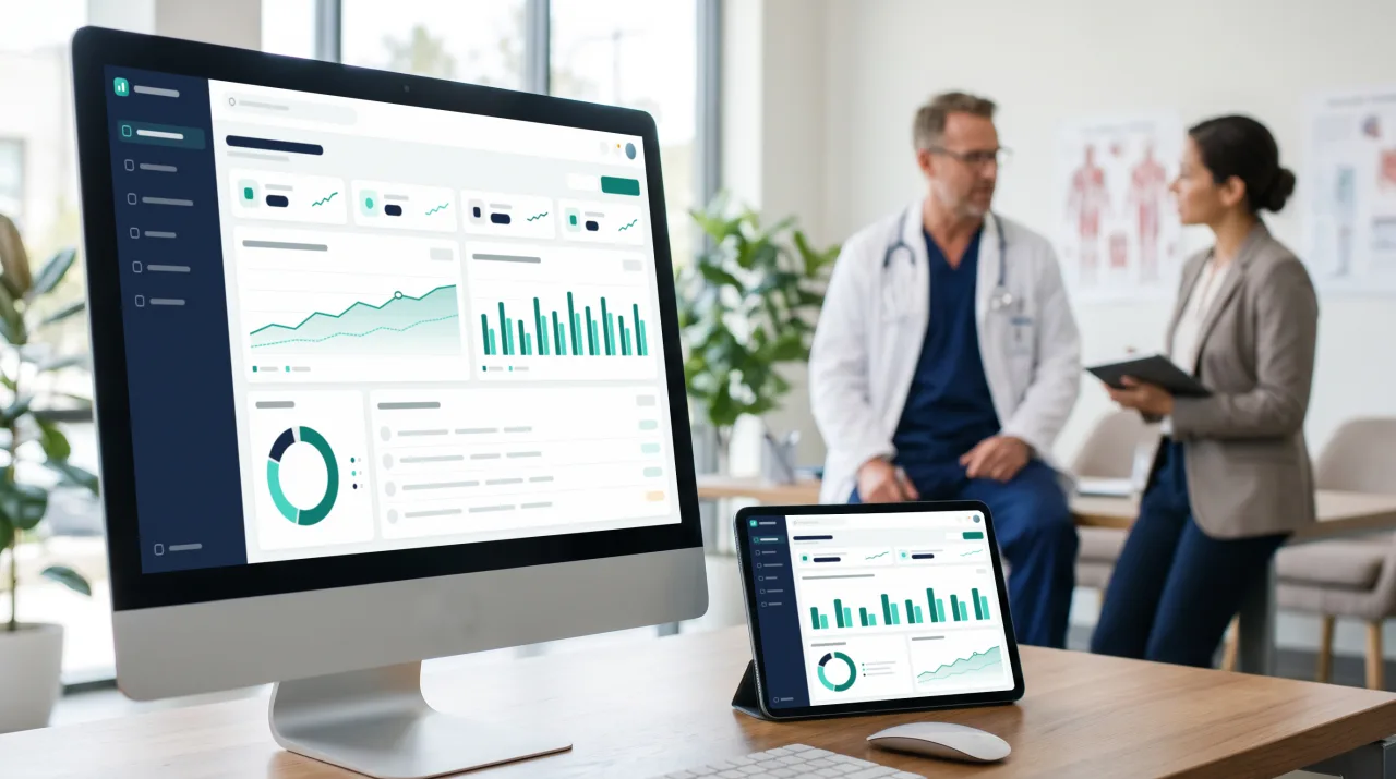 Medical analytics dashboard on a desktop monitor and tablet, with a physician and a practice administrator talking in the background