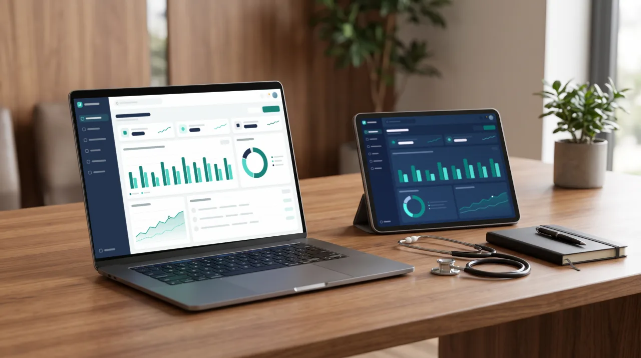 Laptop and tablet showing practice dashboards on a wooden desk beside a stethoscope and notebook