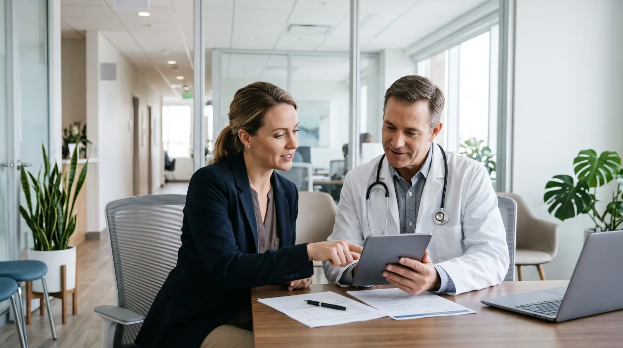 Practice manager in a navy blazer and a physician reviewing a report on a tablet in a bright office