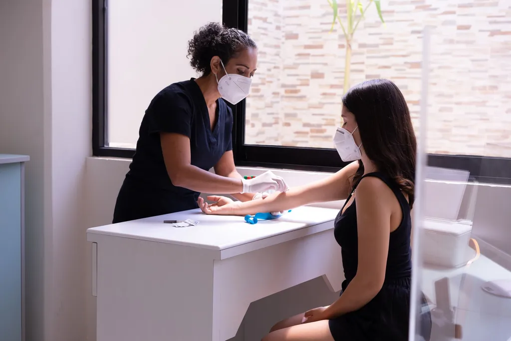 Nurse preparing a patient's arm at a clinic desk