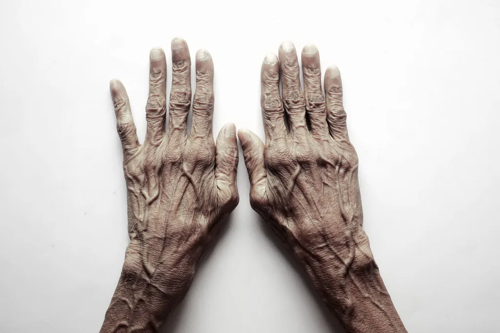 An older person's hands resting on a white surface