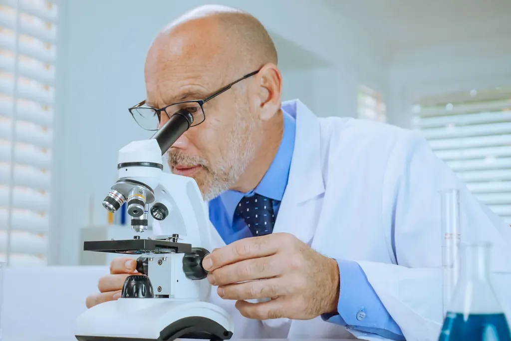 Pathologist examining a slide under a microscope