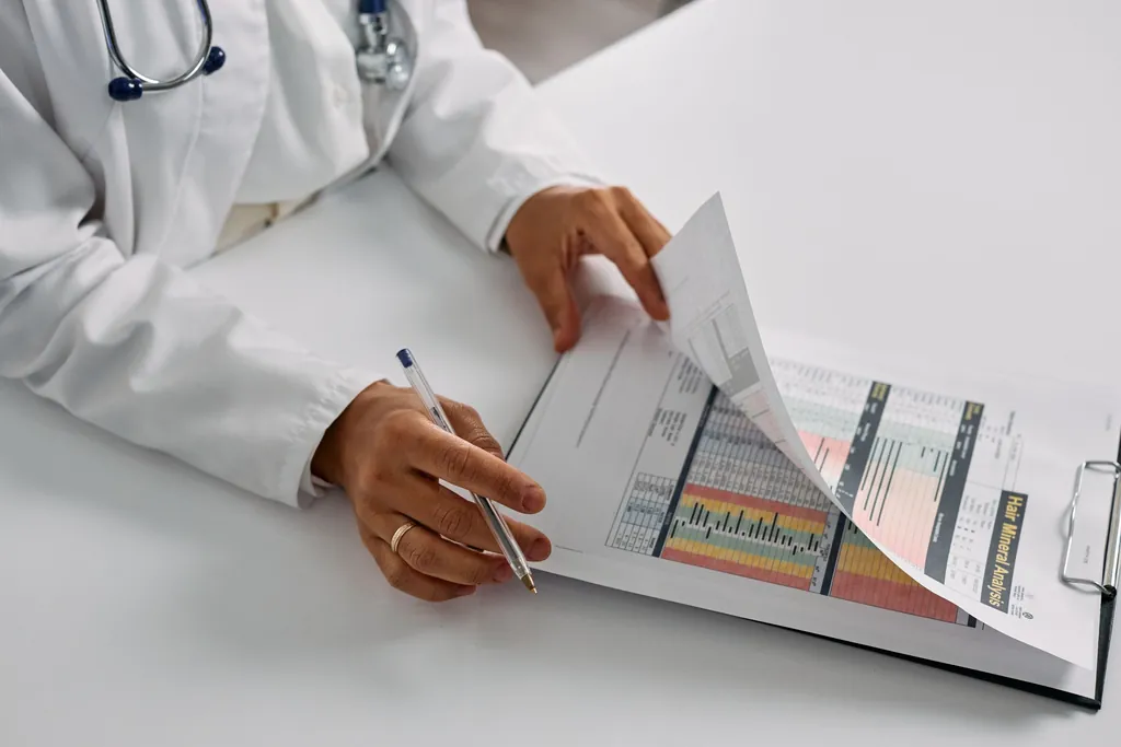 Doctor's hands holding a pen over a printed chart with colored rows