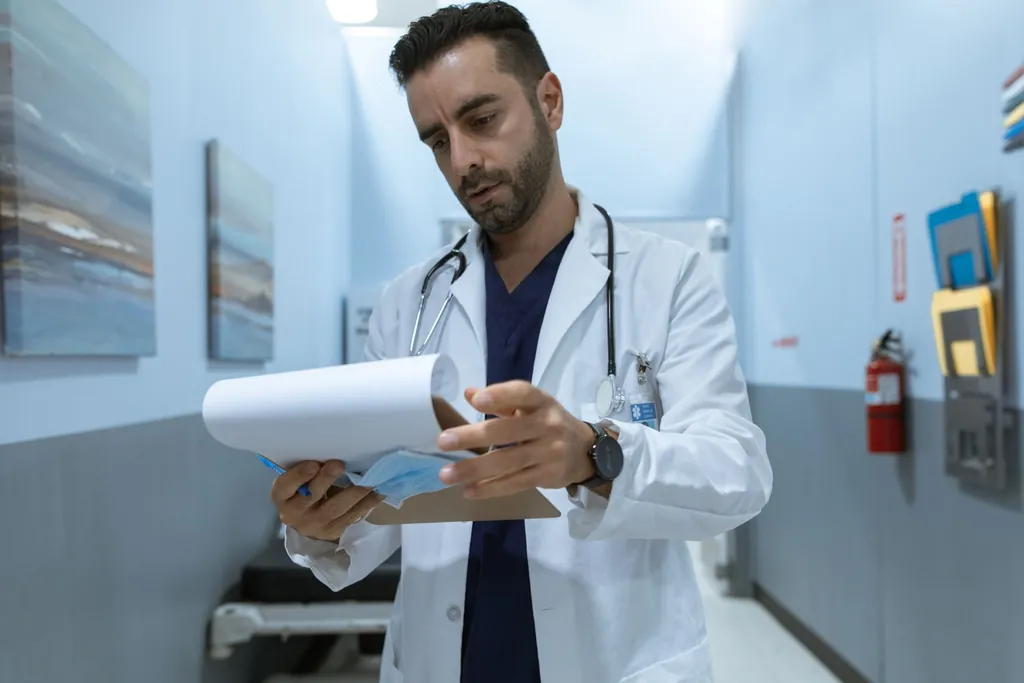 Physician in a hospital corridor reading a medical chart
